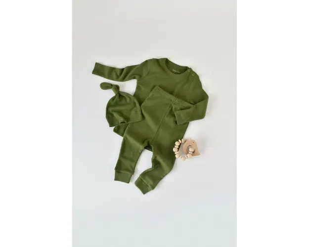 Set 3 piese: bluzita cu maneca lunga, pantaloni lungi si caciulita din bumbac organic si modal - Verde, BabyCosy (Marime: 6-9 luni)