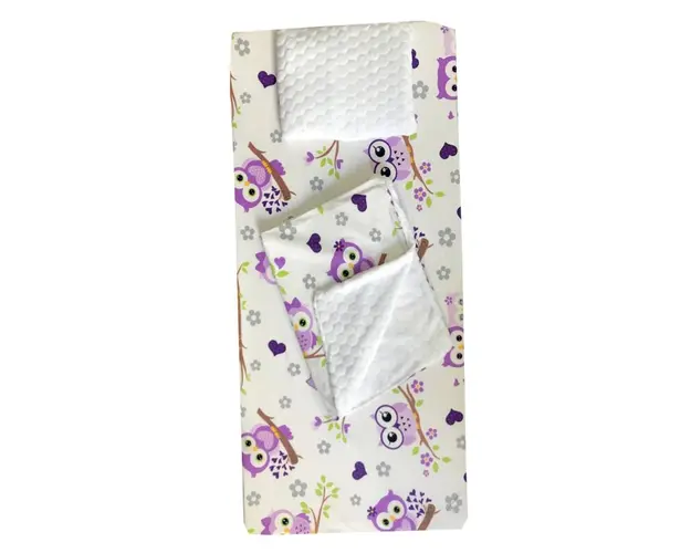 Set 3 piese de iarna paturica cu cearsaf si pernuta pentru pat 120x60 cm Deseda Bufnite mov