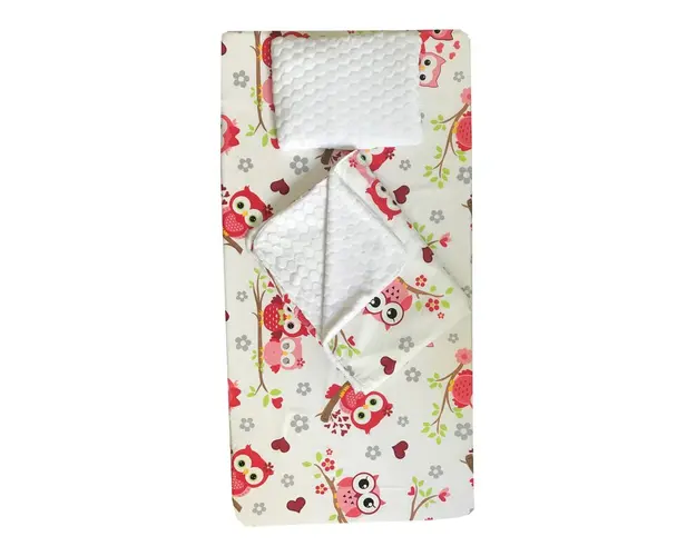 Set 3 piese de iarna paturica cu cearsaf si pernuta pentru pat 140x70 cm Deseda Bufnite rosii