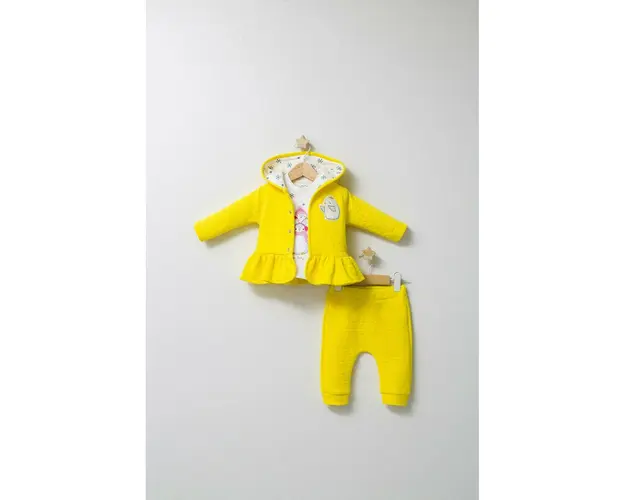 Set 3 piese: pantaloni, bluzita si hainuta cu gluga eleganta pentru bebelusi Crazy Penguins, Tongs baby (Culoare: Portocaliu, Marime: 9-12 luni)