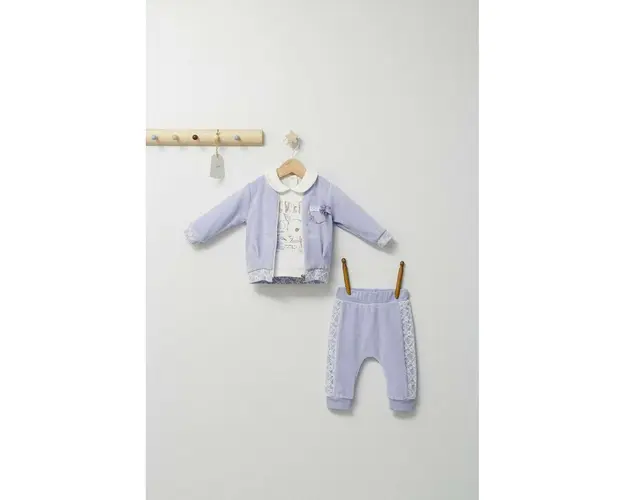 Set 3 piese: pantaloni, bluzita si hainuta pentru bebelusi Gazelle, Tongs baby (Culoare: Mov, Marime: 6-9 luni)