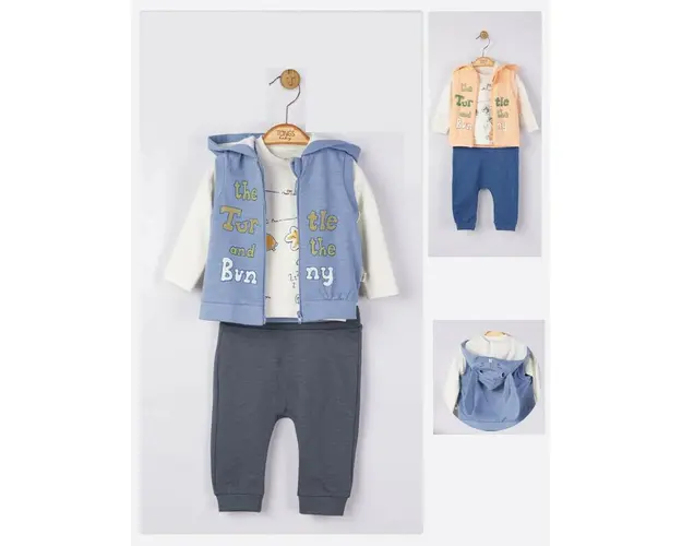 Set 3 piese: pantaloni, bluzita si vestuta pentru bebelusi, Tongs baby (Culoare: Albastru, Marime: 9-12 luni)