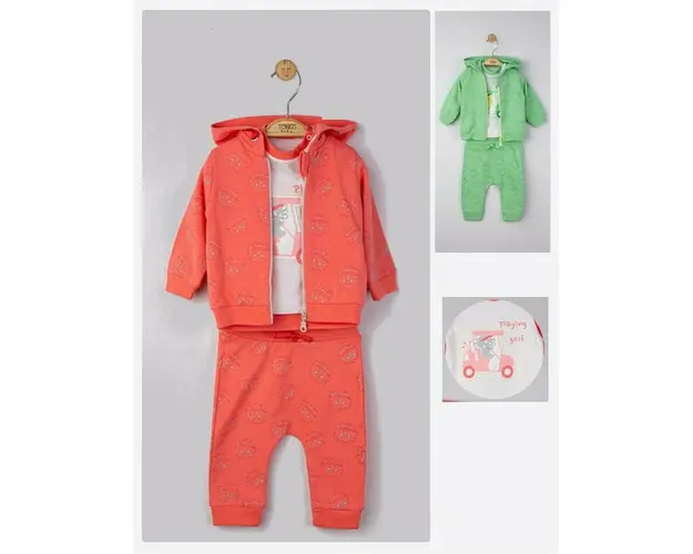 Set 3 piese: pantaloni, tricou si hanorac pentru bebelusi, Tongs baby (Marime: 9-12 luni, Culoare: Corai)