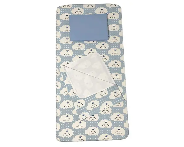 Set 3 piese pat 140x70 cm cu cearsaf paturica si perna Norisori zambareti albastru