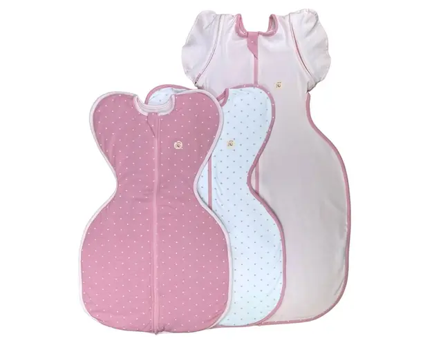 Set 3 saci de dormit Swaddle First Sleep Sweet Star & Sweet Light Faza 1, 60 cm, 1 tog & Blush Pink Faza 2, 74 cm, 0.5 tog