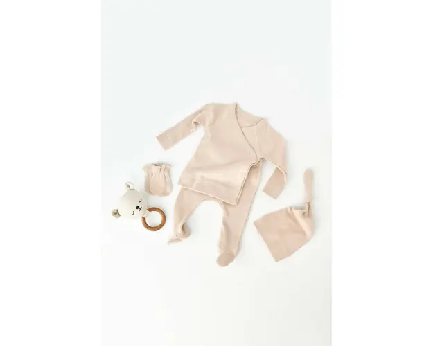 Set 4 piese: bluza, pantaloni, caciulita si manusi din bumbac organic si modal - Blush, BabyCosy (Marime: 3-6 Luni)