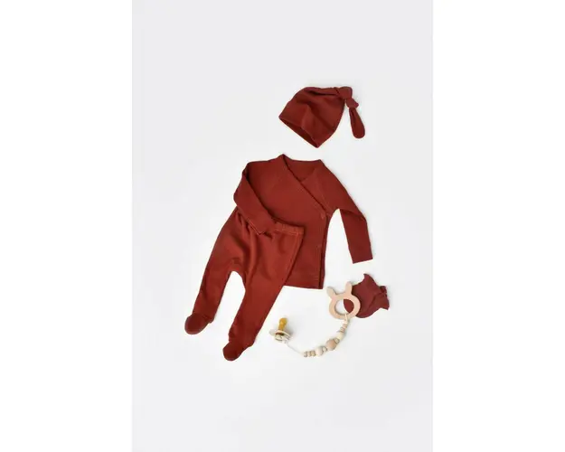 Set 4 piese: bluza, pantaloni, caciulita si manusi din bumbac organic si modal - Caramiziu, BabyCosy (Marime: 6-9 luni)