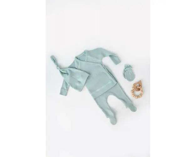 Set 4 piese: bluza, pantaloni, caciulita si manusi din bumbac organic si modal - Mint, BabyCosy (Marime: 6-9 luni)
