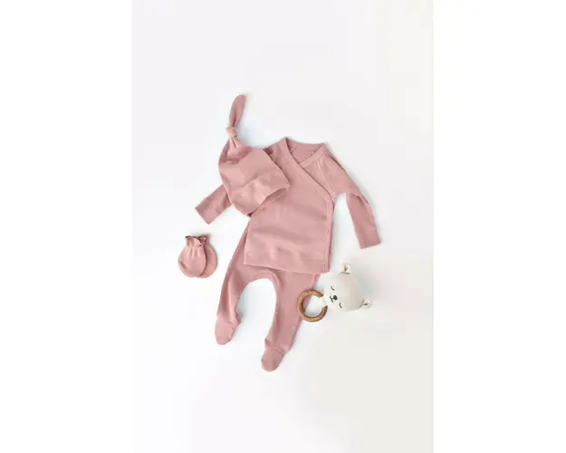 Set 4 piese: bluza, pantaloni, caciulita si manusi din bumbac organic si modal - Rose, BabyCosy (Marime: 6-9 luni)