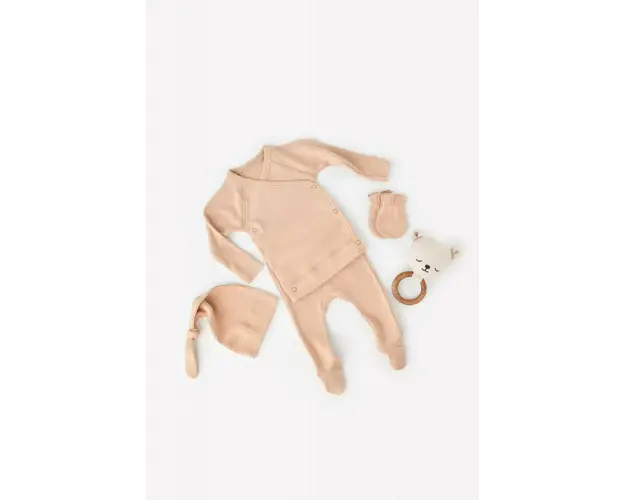 Set 4 piese: bluza, pantaloni, caciulita si manusi din bumbac organic si modal - Somon, BabyCosy (Marime: 6-9 luni)