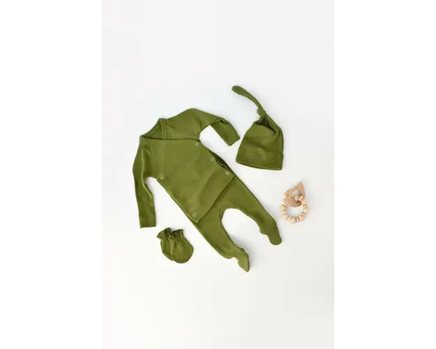 Set 4 piese: bluza, pantaloni, caciulita si manusi din bumbac organic si modal - Verde, BabyCosy (Marime: 3-6 Luni)