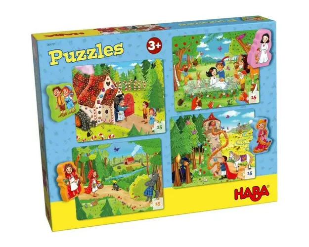 Haba - Puzzle din lemn In lumea basmelor , Puzzle Copii , 4 in 1, Cu figurine, piese 60