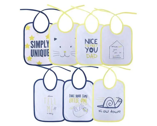 Set 7 bavete, bumbac ambele fete, 20x25,5 cm, inchidere cu snur, Imprimeuri Colorate