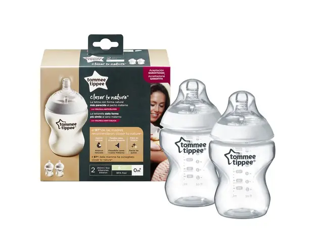 Set biberoane, Closer to Nature, Anitcolici, Cu tetina din silicon moale, Fara BPA, 2x260 ml, Tommee Tippee, 0 luni+, Alb