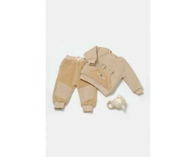 Set bluza cu buzunar si pantaloni Ursulet, Winter muselin, 100% bumbac dublat - Apricot, BabyCosy (Marime: 9-12 luni)