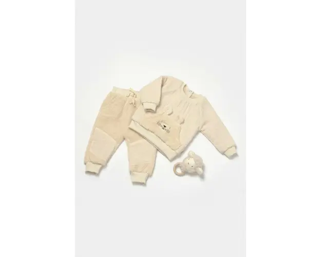 Set bluza cu buzunar si pantaloni Ursulet, Winter muselin, 100% bumbac dublat - Stone, BabyCosy (Marime: 12-18 Luni)