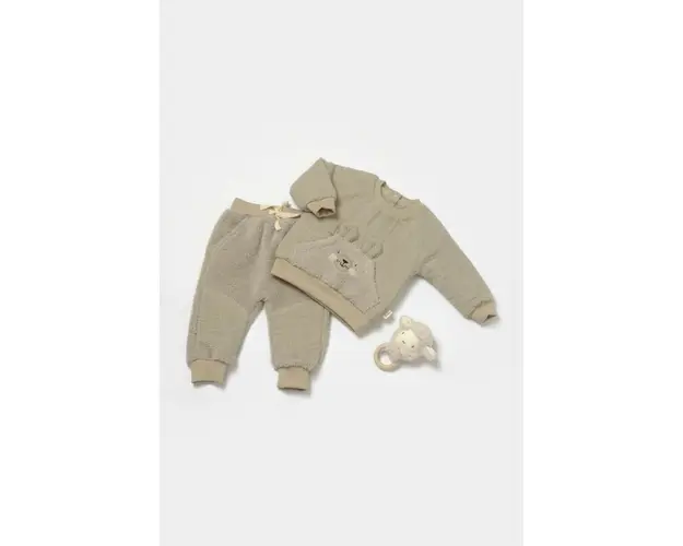 Set bluza cu buzunar si pantaloni Ursulet, Winter muselin, 100% bumbac dublat - Verde, BabyCosy (Marime: 3-6 Luni)