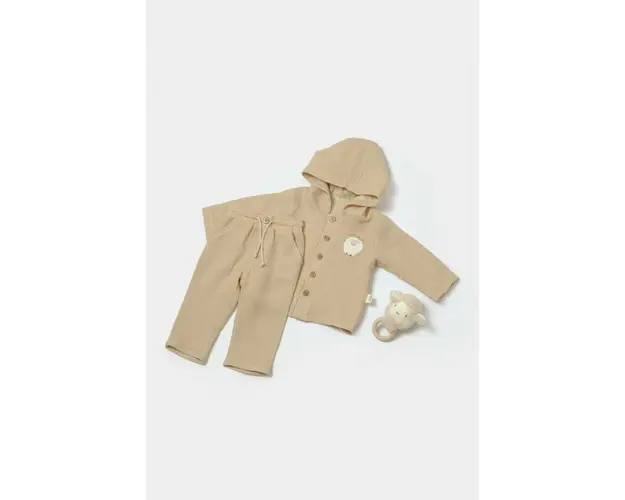 Set bluza cu gluga si pantaloni, Winter muselin, 100% bumbac - Apricot, BabyCosy (Marime: 12-18 Luni)