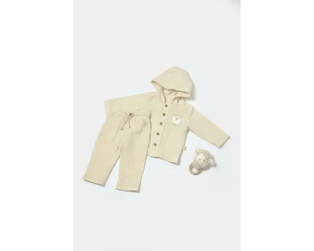 Set bluza cu gluga si pantaloni, Winter muselin, 100% bumbac - Stone, BabyCosy (Marime: 3-6 Luni)