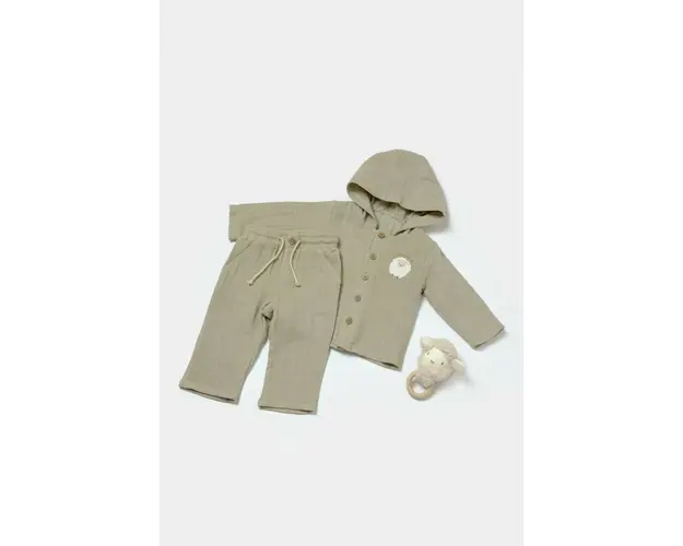 Set bluza cu gluga si pantaloni, Winter muselin, 100% bumbac - Verde, BabyCosy (Marime: 9-12 luni)