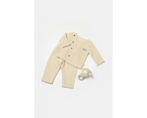 Set bluza cu nasturi si pantaloni , Winter muselin, 100% bumbac - Stone, BabyCosy (Marime: 9-12 luni)