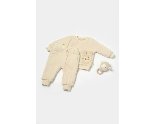 Set bluza dublata si pantaloni Ursulet, Winter muselin, 100% bumbac - Stone, BabyCosy (Marime: 18-24 Luni)