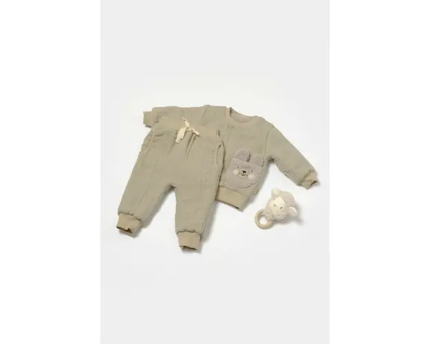Set bluza dublata si pantaloni Ursulet, Winter muselin, 100% bumbac - Verde, BabyCosy (Marime: 6-9 luni)