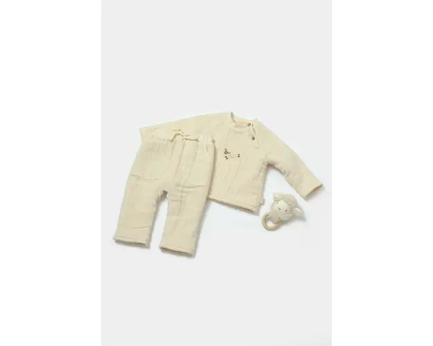 Set bluza dublata si pantaloni, Winter muselin, 100% bumbac - Stone, BabyCosy (Marime: 18-24 Luni)