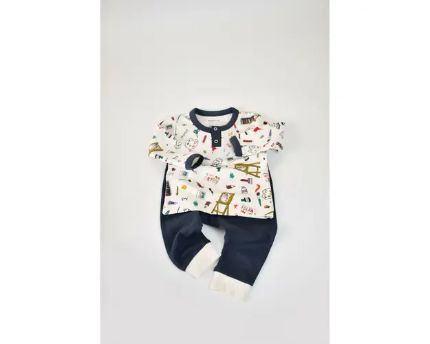 Set bluzita cu maneca lunga si nasturei si pantaloni lungi, 100% bumbac organic, BabyCosy, Bleumarin (Marime: 6-9 luni)