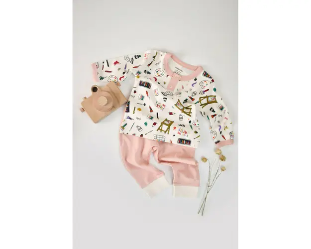 Set bluzita cu maneca lunga si nasturei si pantaloni lungi, 100% bumbac organic, BabyCosy, Pudra (Marime: 9-12 luni)