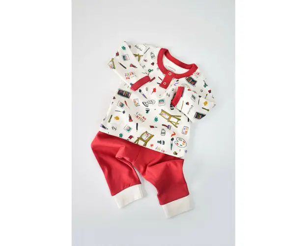 Set bluzita cu maneca lunga si nasturei si pantaloni lungi, 100% bumbac organic, BabyCosy, Rosu (Marime: 12-18 Luni)