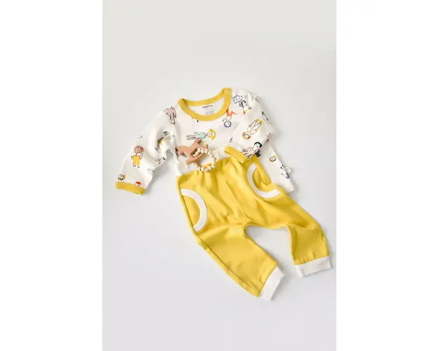 Set bluzita cu maneca lunga si pantaloni lungi, 100% bumbac organic, BabyCosy, Galben (Marime: 18-24 Luni)