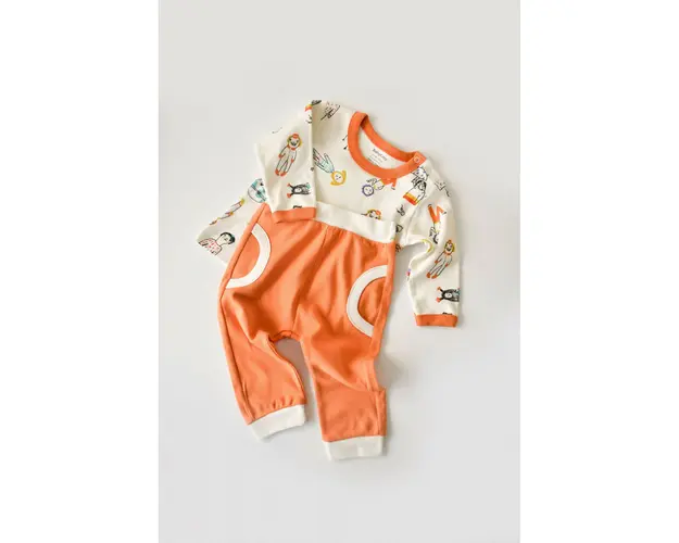 Set bluzita cu maneca lunga si pantaloni lungi, 100% bumbac organic, BabyCosy, Portocaliu (Marime: 6-9 luni)