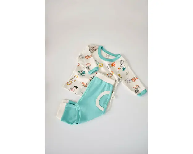 Set bluzita cu maneca lunga si pantaloni lungi, 100% bumbac organic, BabyCosy, Verde (Marime: 6-9 luni)