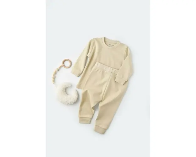 Set bluzita cu maneca lunga si pantaloni lungi - bumbac organic 100% - Crem, BabyCosy (Marime: 12-18 Luni)