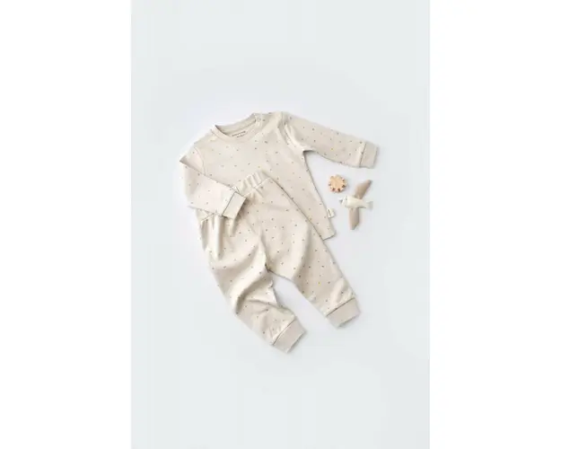 Set bluzita cu maneca lunga si pantaloni lungi - bumbac organic 100% - Crem cu buline, BabyCosy (Marime: 3-6 Luni)
