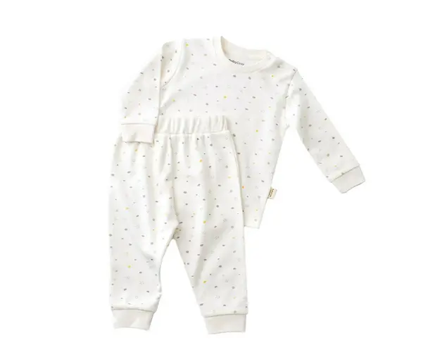 Set bluzita cu maneca lunga si pantaloni lungi - bumbac organic 100% - Ecru cu buline, BabyCosy (Marime: 3-6 Luni)