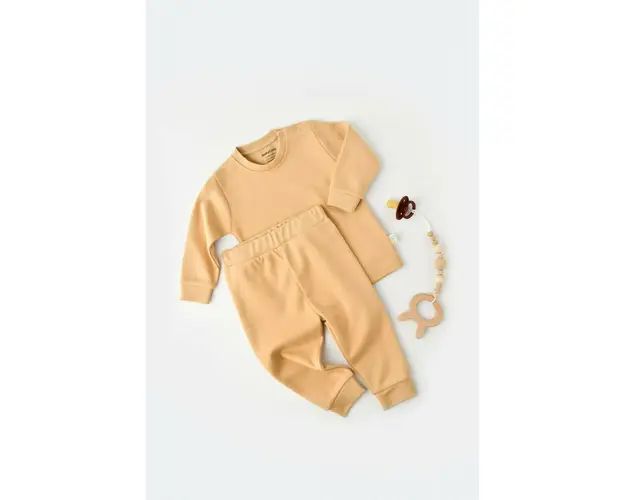 Set bluzita cu maneca lunga si pantaloni lungi - bumbac organic 100% - Mustar, BabyCosy (Marime: 3-6 Luni)