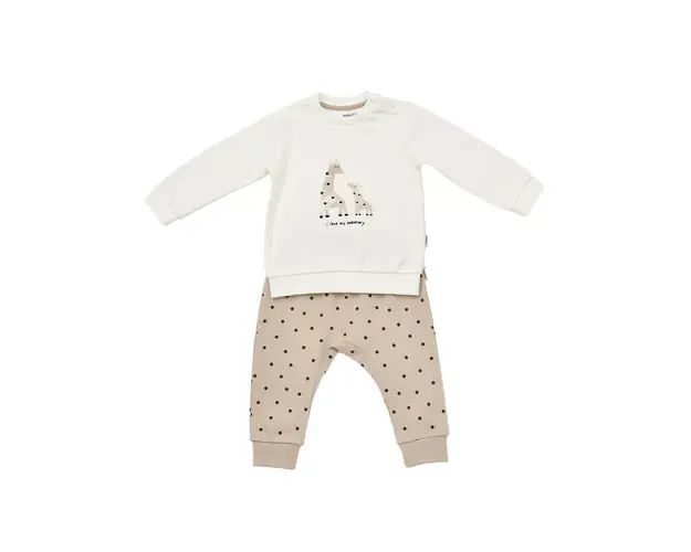 Set bluzita cu maneca lunga si pantaloni lungi cu buline Girafa, BabyCosy, 100% bumbac organic, Ecru (Marime: 6-9 luni)