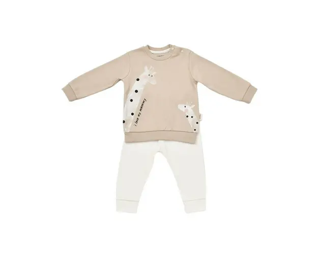 Set bluzita cu maneca lunga si pantaloni lungi cu buline Girafa, BabyCosy, 100% bumbac organic, Mink (Marime: 9-12 luni)