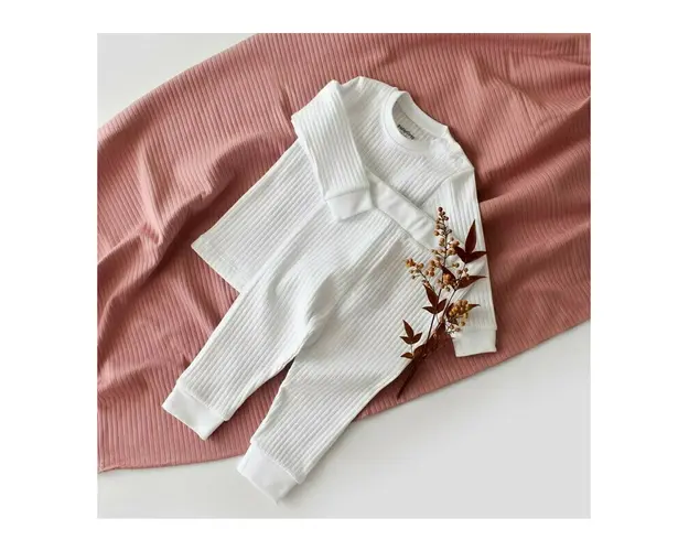 Set bluzita cu maneca lunga si pantaloni lungi din bumbac organic si 5% elastan - Alb, BabyCosy (Marime: 18-24 Luni)