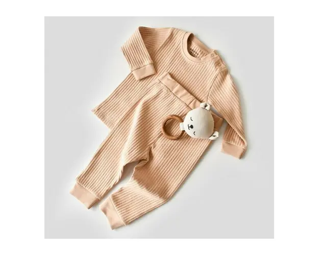 Set bluzita cu maneca lunga si pantaloni lungi din bumbac organic si 5% elastan - Bej inchis BabyCosy (Marime: 18-24 Luni)