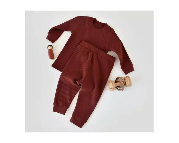 Set bluzita cu maneca lunga si pantaloni lungi din bumbac organic si 5% elastan - Caramiziu BabyCosy (Marime: 6-9 luni)