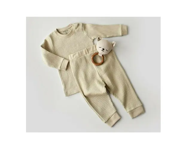 Set bluzita cu maneca lunga si pantaloni lungi din bumbac organic si 5% elastan - Crem, BabyCosy (Marime: 12-18 Luni)