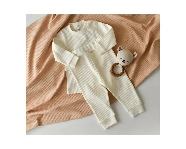 Set bluzita cu maneca lunga si pantaloni lungi din bumbac organic si 5% elastan - Ecru, BabyCosy (Marime: 9-12 luni)