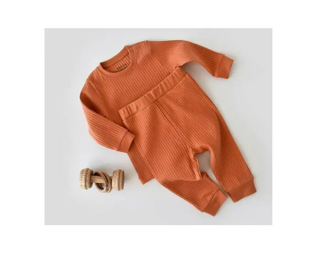 Set bluzita cu maneca lunga si pantaloni lungi din bumbac organic si 5% elastan - Portocaliu BabyCosy (Marime: 3-6 Luni)