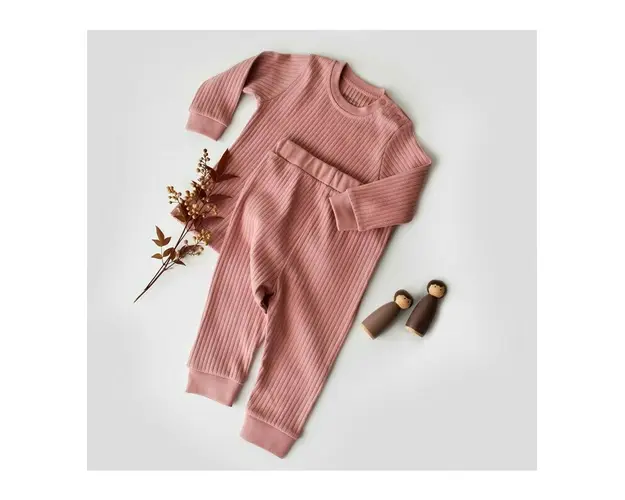 Set bluzita cu maneca lunga si pantaloni lungi din bumbac organic si 5% elastan - Roz, BabyCosy (Marime: 3-6 Luni)