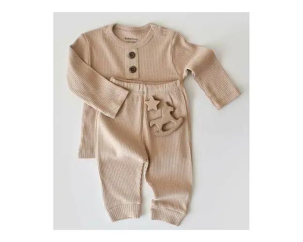 Set bluzita cu maneca lunga si pantaloni lungi din bumbac organic si modal - Blush BabyCosy (Marime: 9-12 luni)