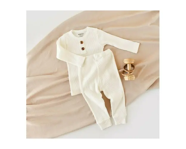 Set bluzita cu maneca lunga si pantaloni lungi din bumbac organic si modal - Ecru BabyCosy (Marime: 9-12 luni)