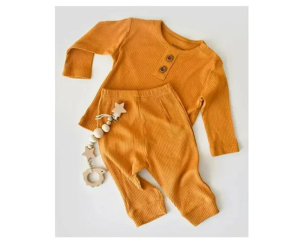Set bluzita cu maneca lunga si pantaloni lungi din bumbac organic si modal - Mustar BabyCosy (Marime: 3-6 Luni)